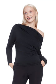 Front view of woman wearing a soft cowl neck rouched long sleeve top in black