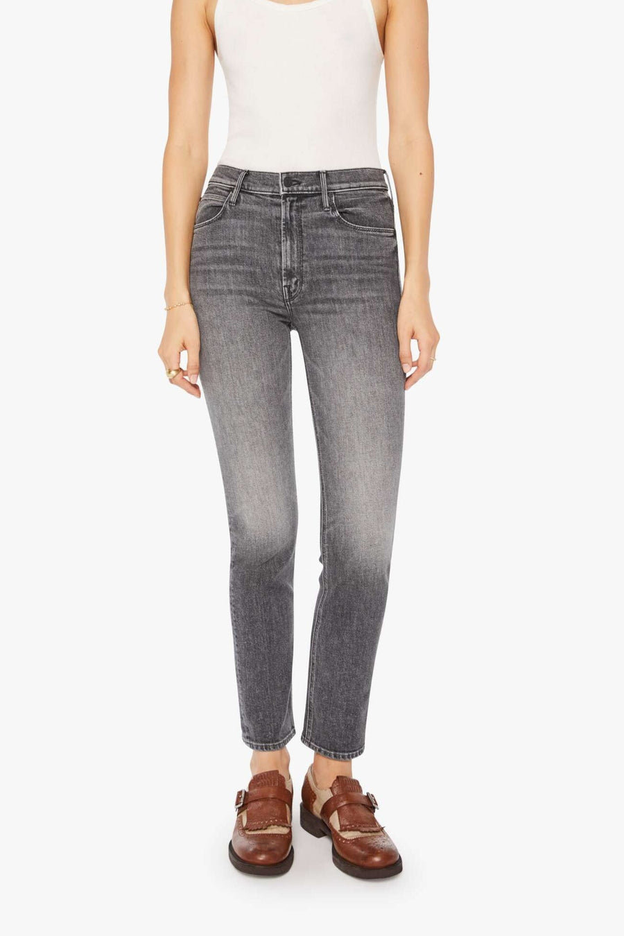 Front view of a person wearing gray high-rise, straight leg, and cropped ankle-length hem