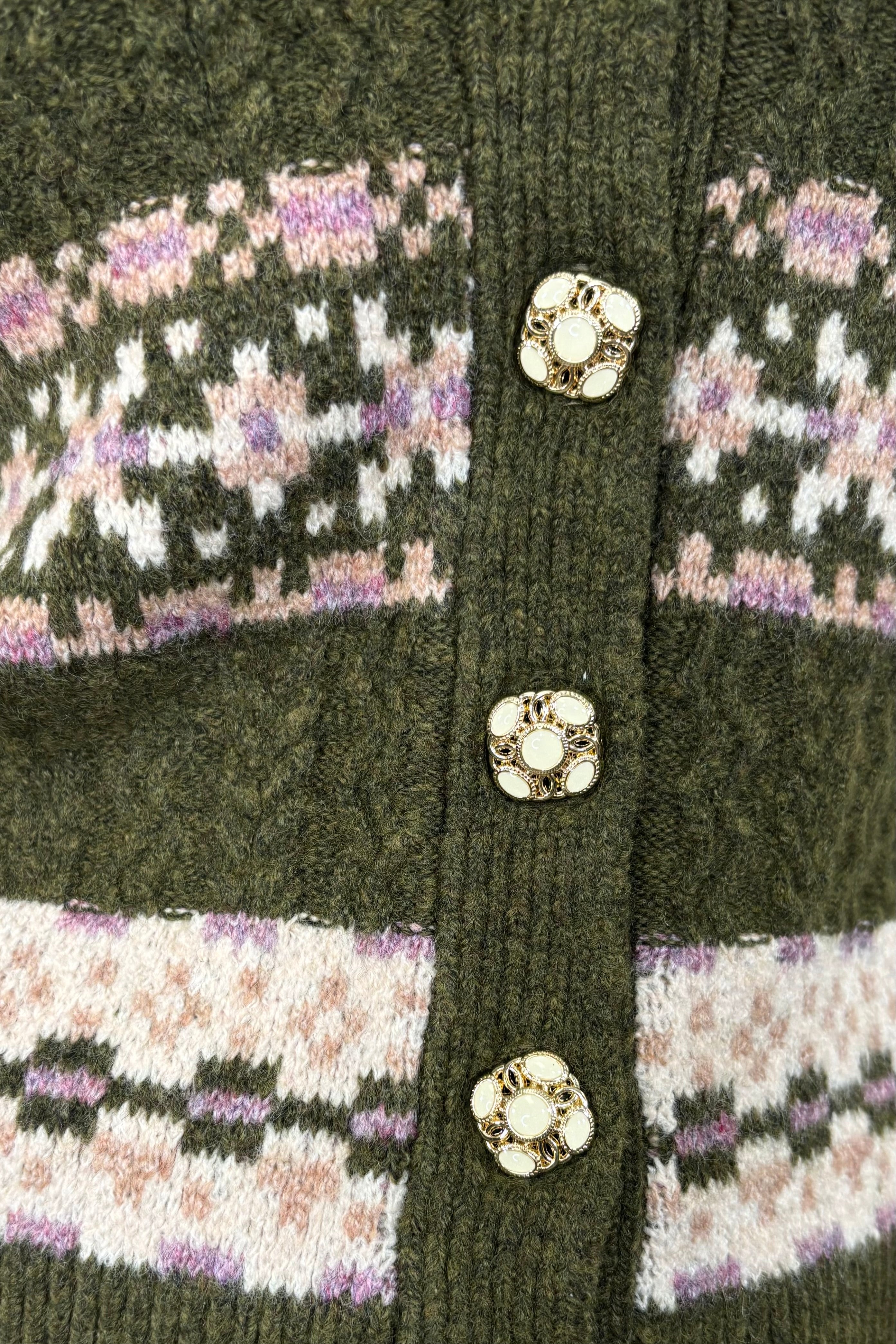 Close-up of a green knitted cardigan with patterned sections and decorative buttons.