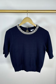 Suncoo Pearl Neck Half-Sleeve Sweater – Feminine Sophistication in Rich Navy