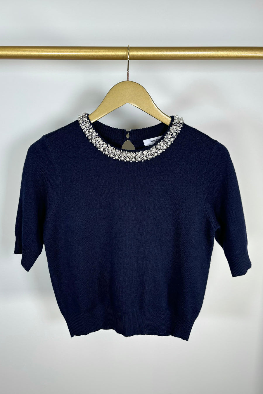 Suncoo Pearl Neck Half-Sleeve Sweater – Feminine Sophistication in Rich Navy