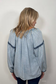 Back view of woman wearing a blue tencel blouse with stitch detailing