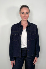 woman wearing dark wash denim jacket