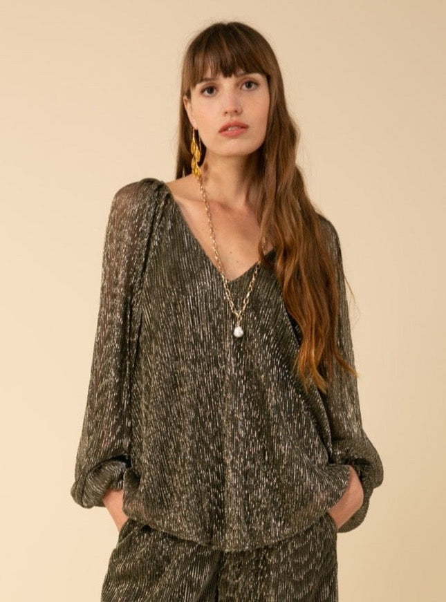 Hale Bob Capucine Pleated Mesh V-Neck Top