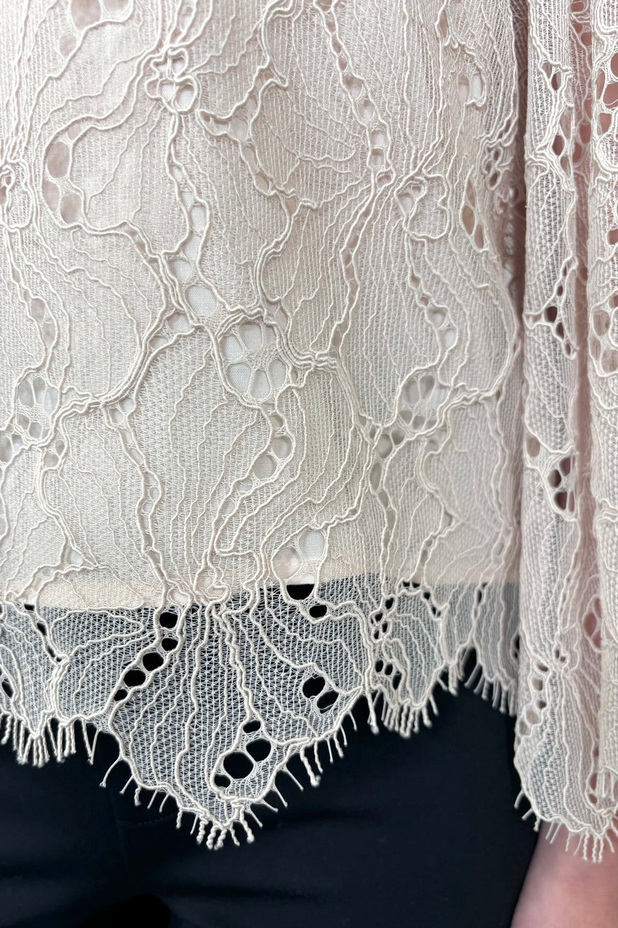 Close-up of beige lace fabric with a floral pattern