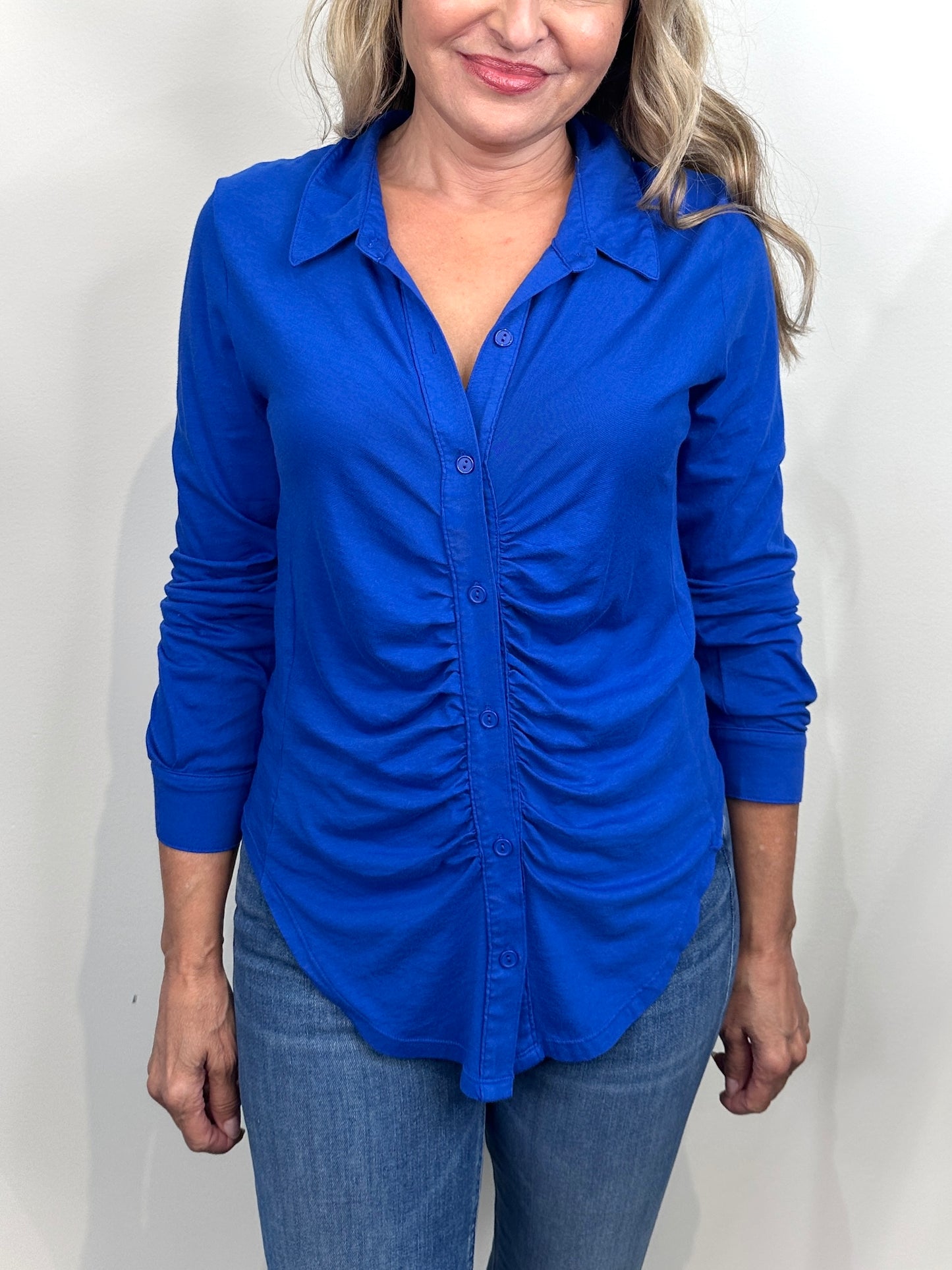 Bobi Button Front Shirred Placket Tee