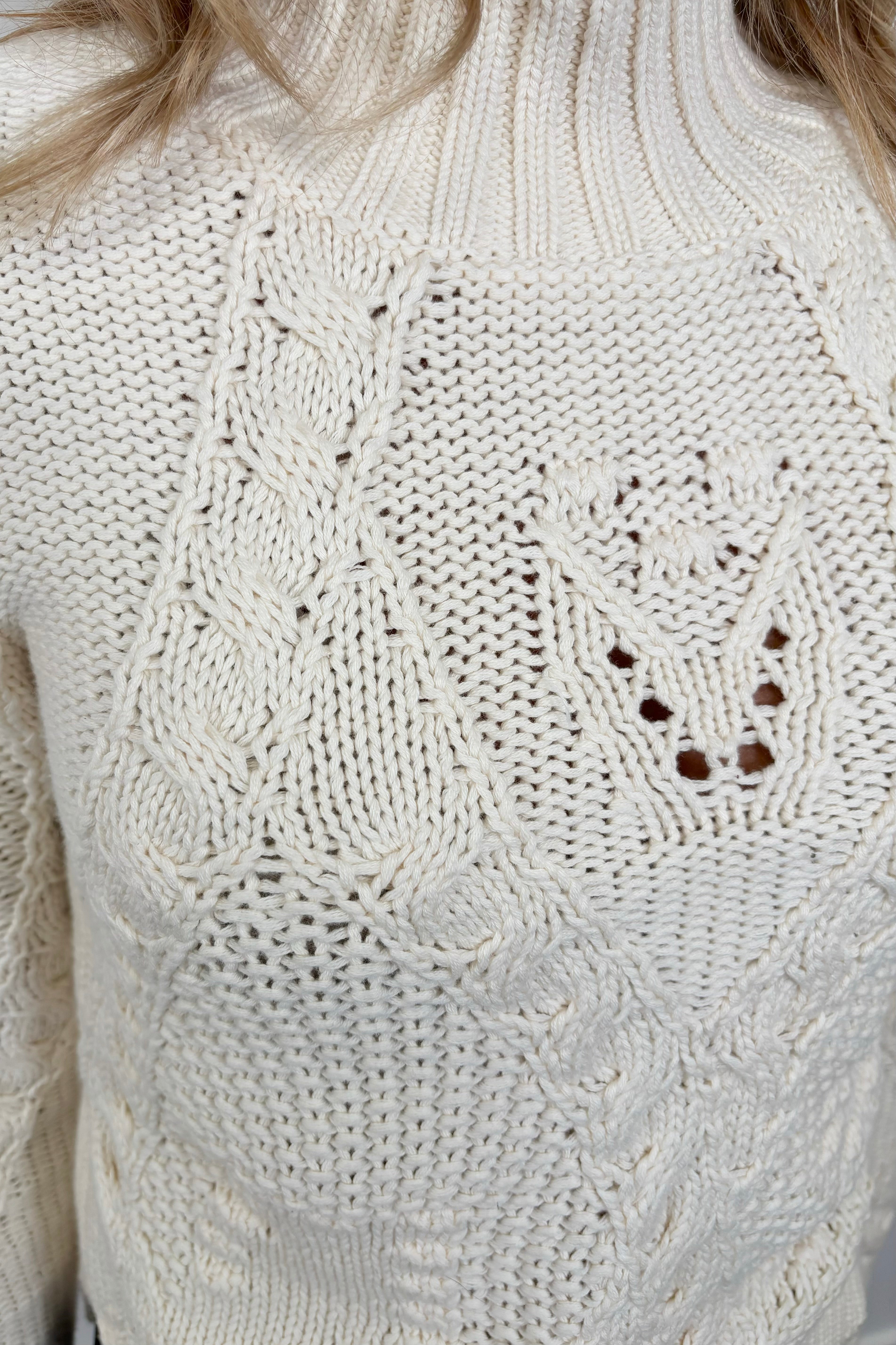 Close-up of a cream-colored knitted sweater with intricate patterns.