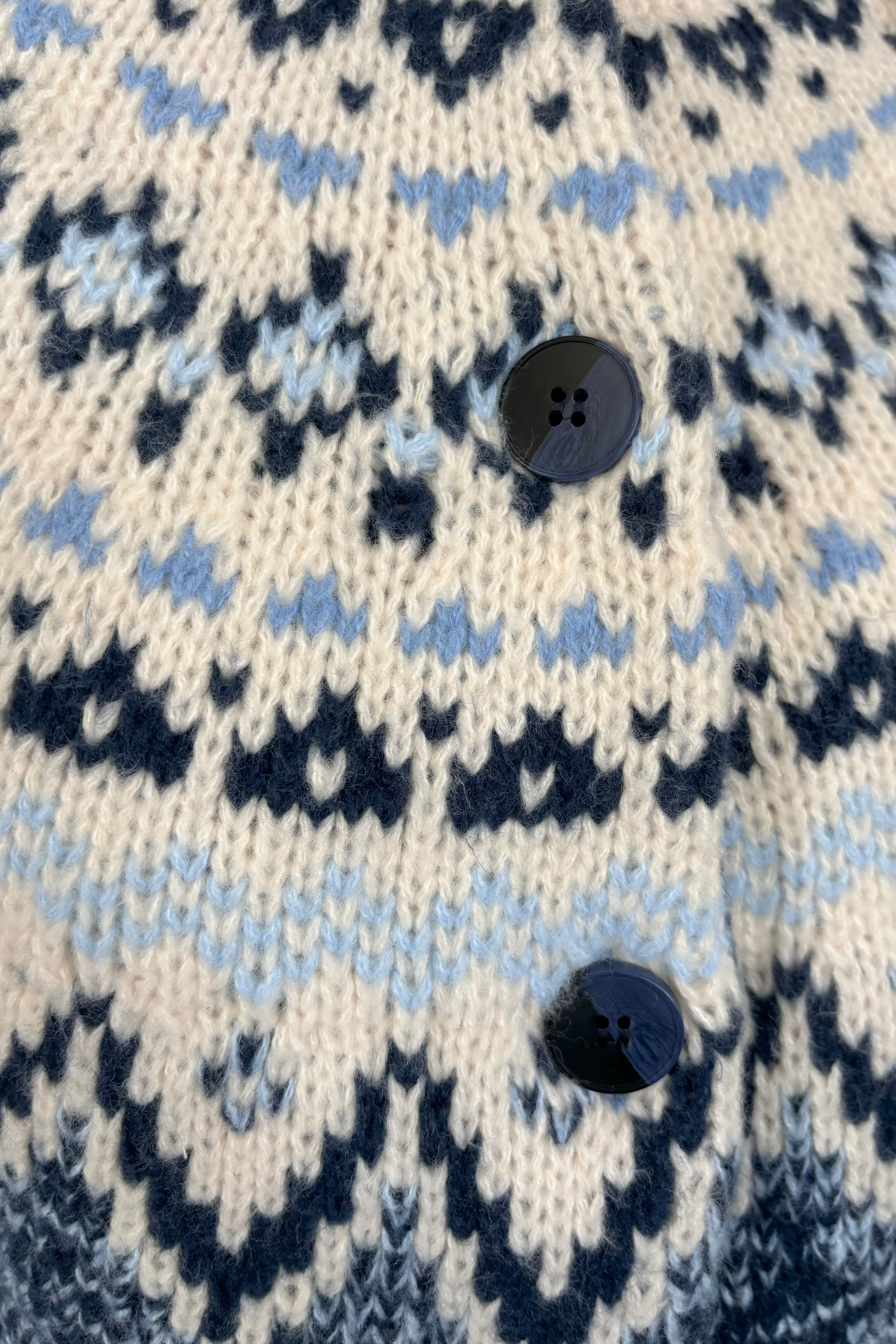 Close-up of a knitted fabric with a pattern and buttons.