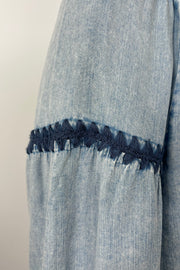 close up of stitch detailing of a blue tencel blouse