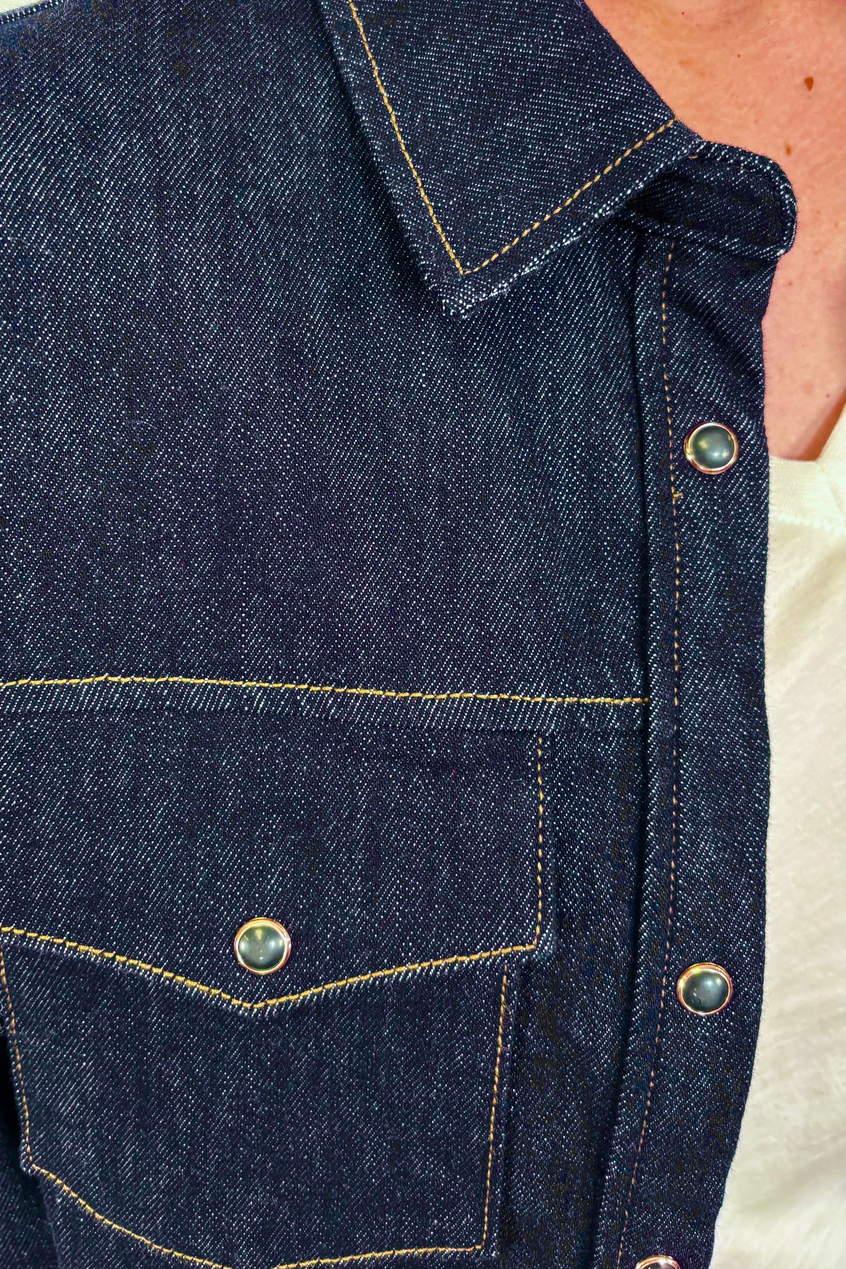 close-up of a dark wash denim jacket