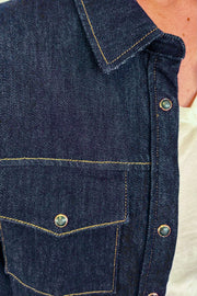 close-up of a dark wash denim jacket