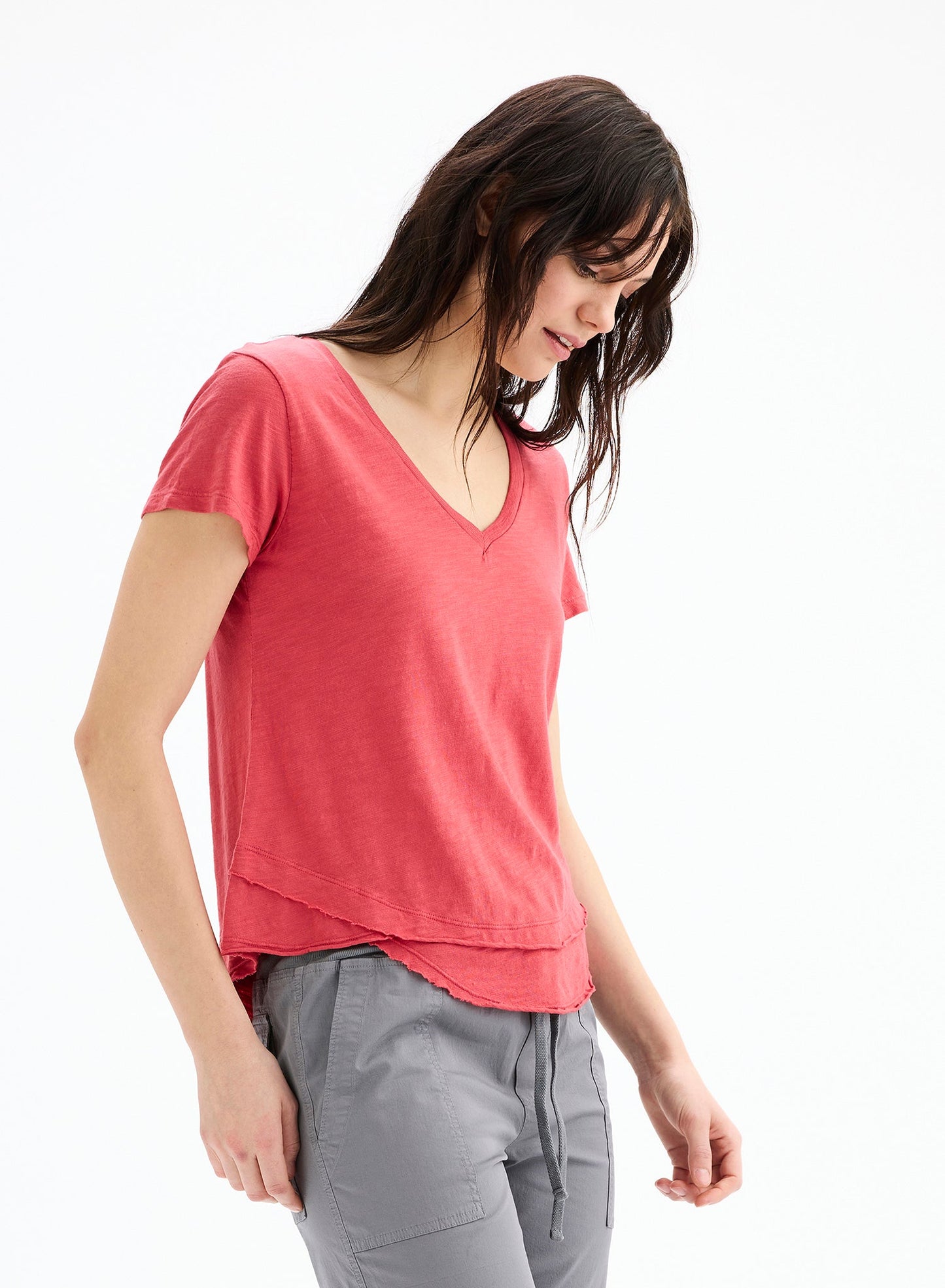 CHRLDR Ava V Neck Mock Layer Tee in Hibiscus
