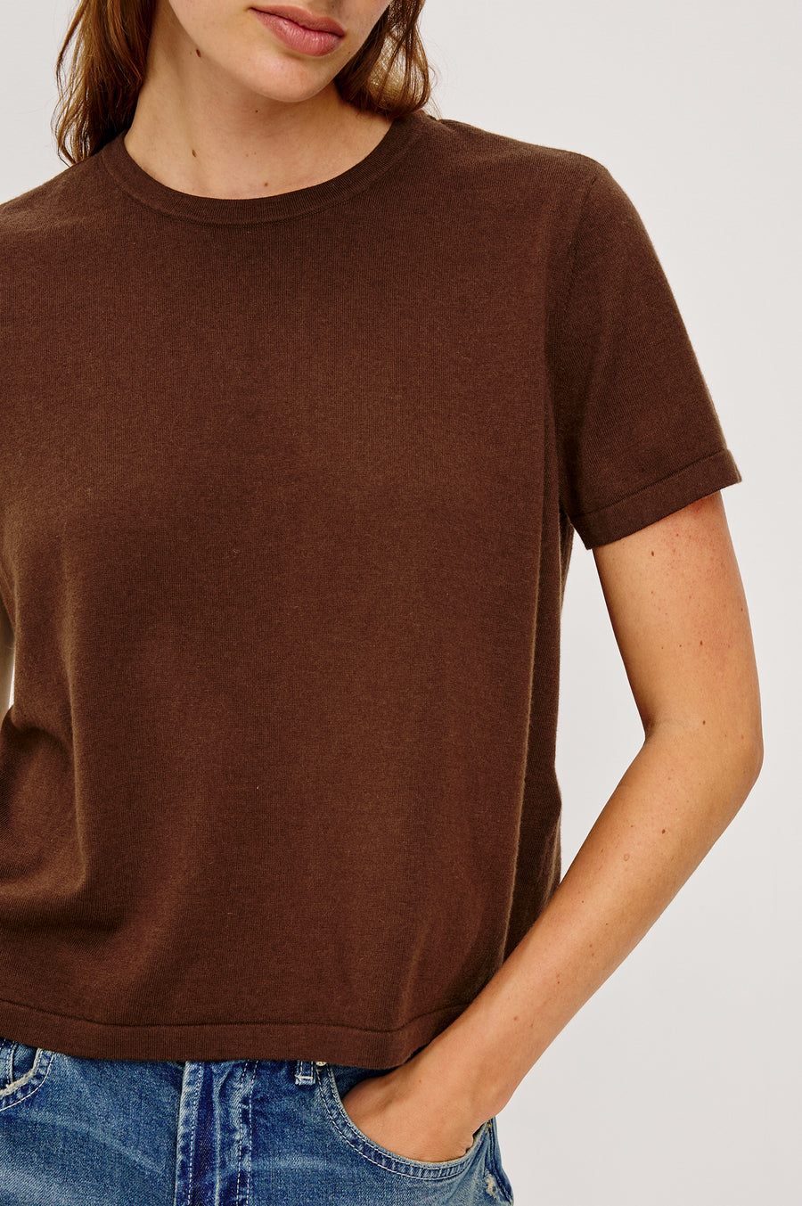 Close up of  a cashmere brown t-shirt