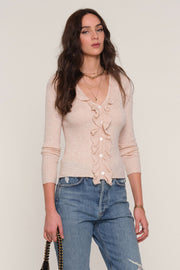 Heartloom Yvette Lightweight Ribbed Knit Top With Ruffles in Putty