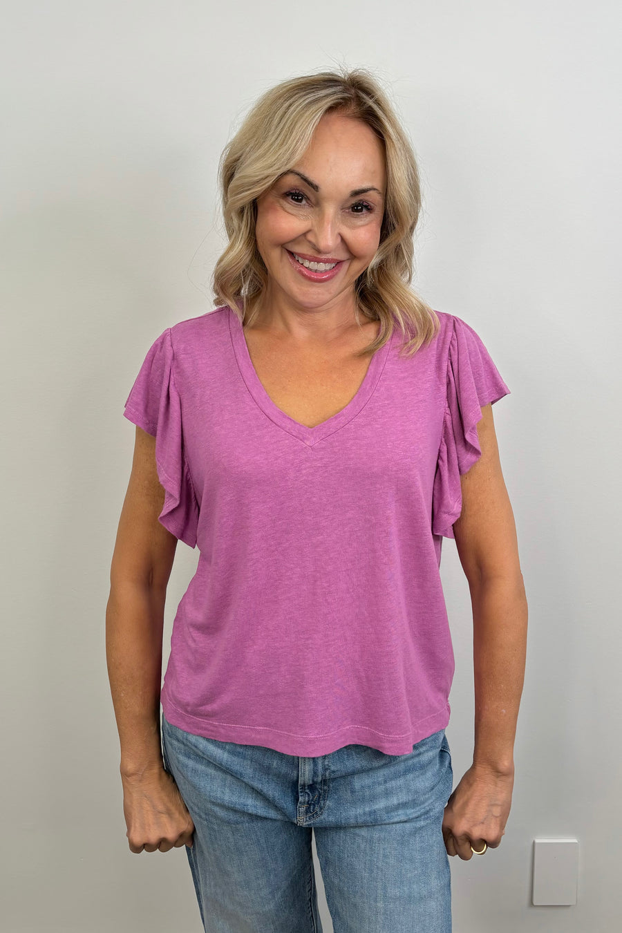 Bobi V-Neck Flutter Sleeve Top in Luxe Lilac