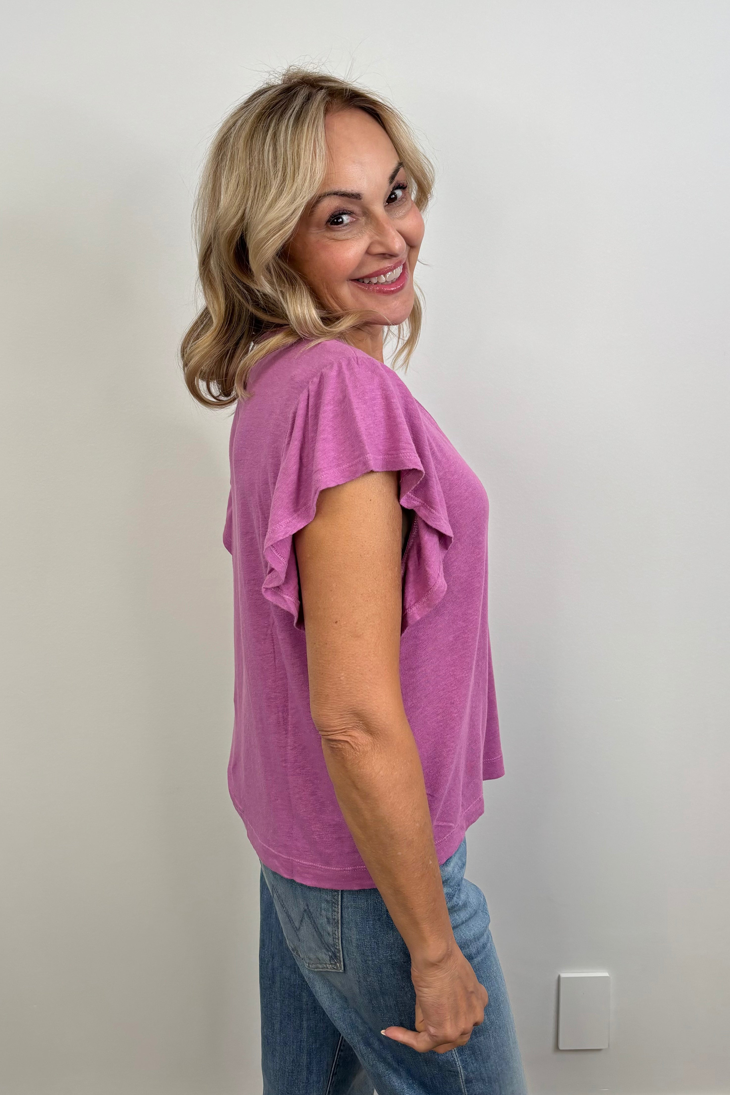 Bobi V-Neck Flutter Sleeve Top in Luxe Lilac