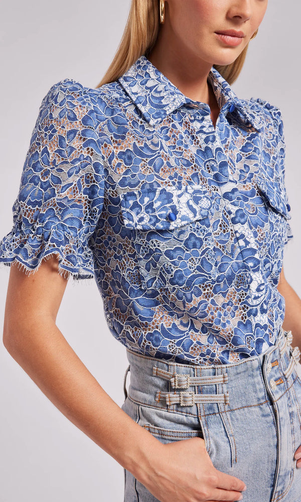 Generation Love Mina Lace Shirt in Blue/White