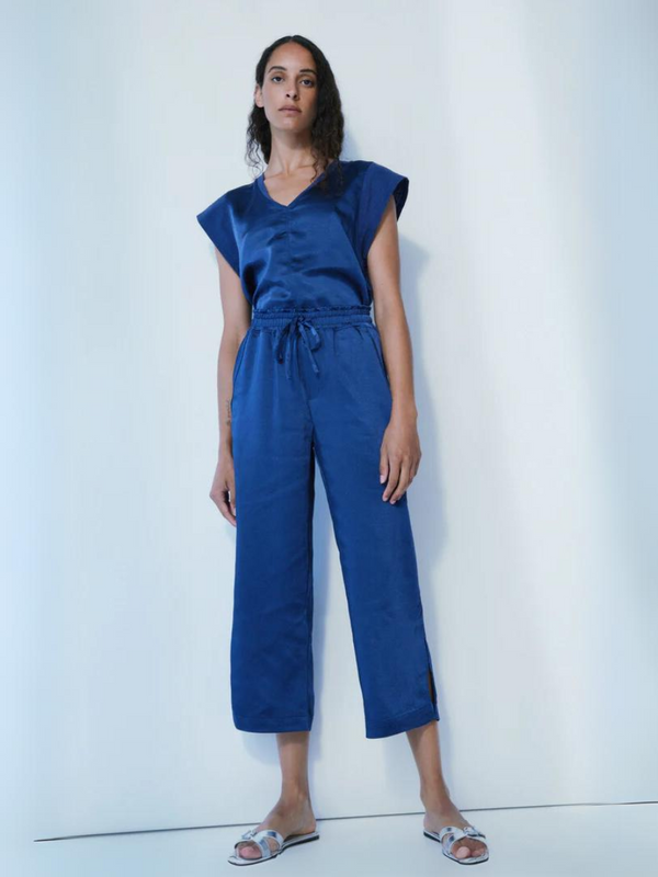 Melissa Nepton Miles Satin Wide Leg Cropped Pant in Summer Navy