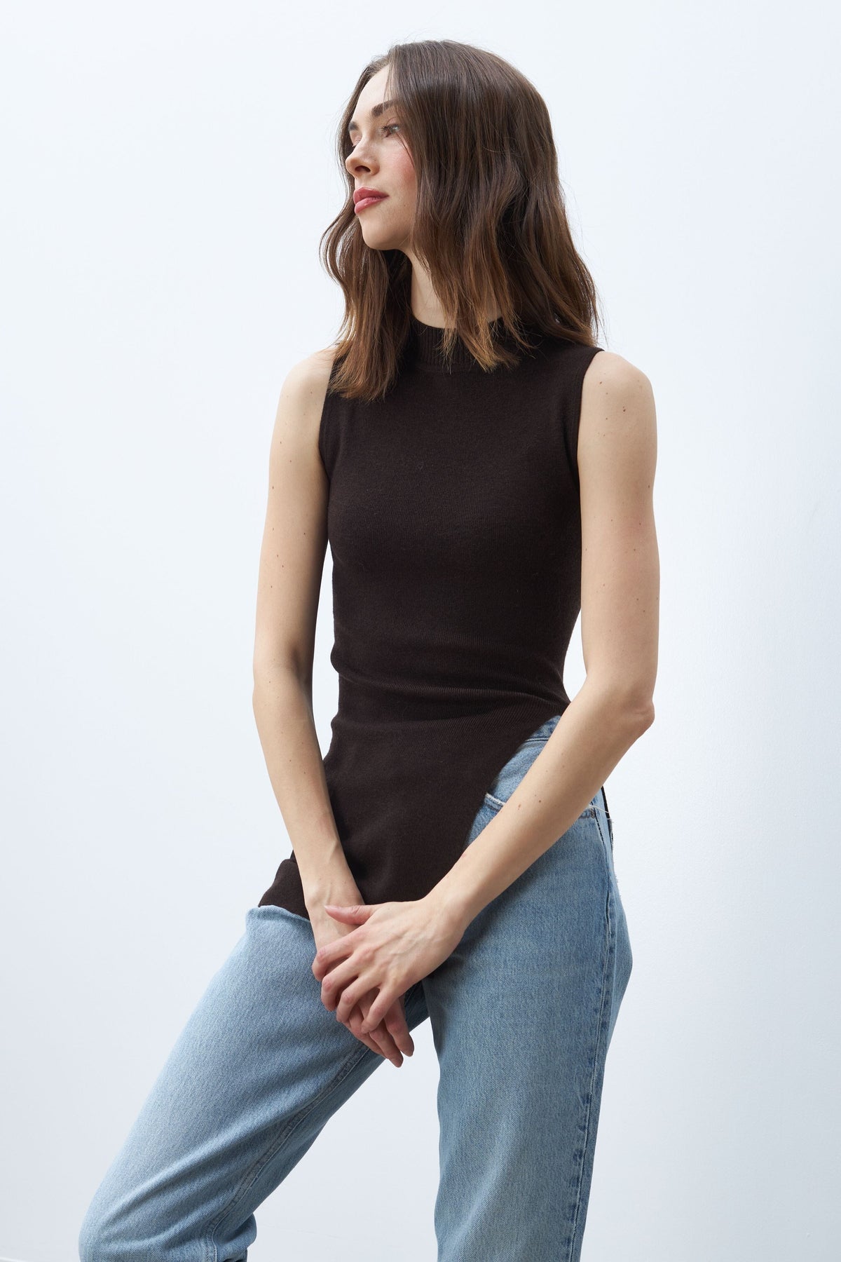 Line Olene Sleeveless Mock Neck Sweater in Carob