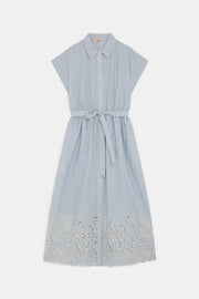 blue striped maxi dress, floral designs, button up, tie up waist, collard neckline 