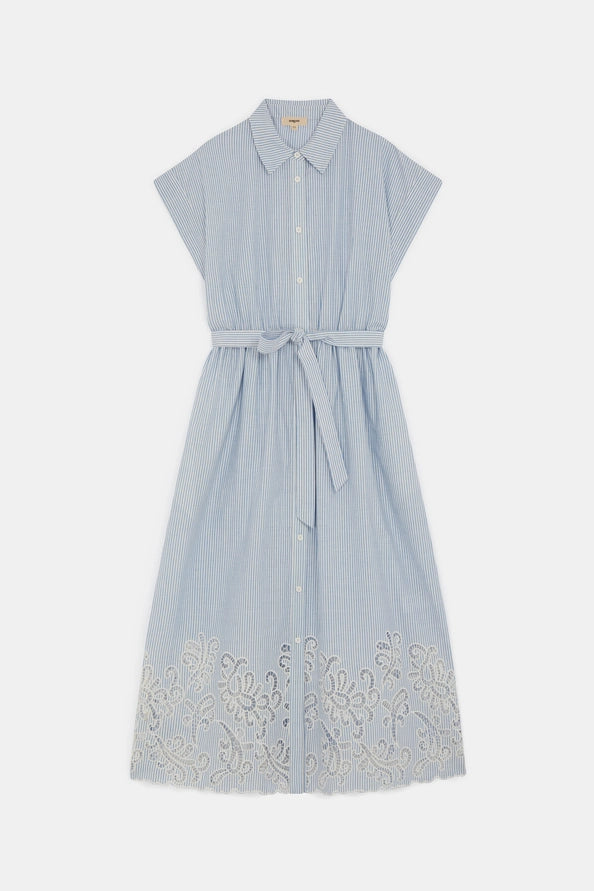 blue striped maxi dress, floral designs, button up, tie up waist, collard neckline 