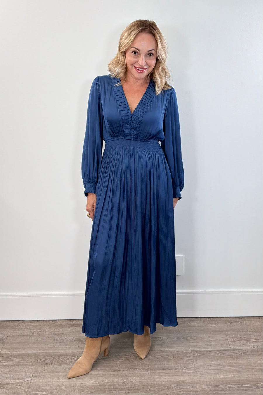 Hale Bob Yamileth Solid V-Neck Long Dress w/ Pleating