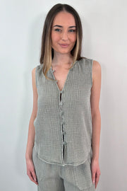 sleeveless button-front top in textured gauze fabric, front view