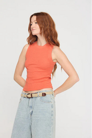 Coral racerback Rib Tank with a high crew neckline