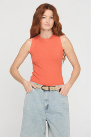 Coral racerback Rib Tank with a high crew neckline