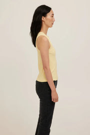 Butter Yellow racerback Rib Tank with a high crew neckline