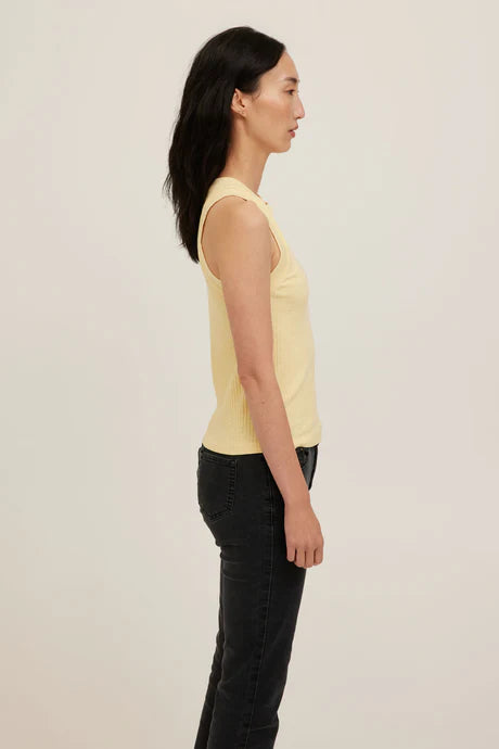 Butter Yellow racerback Rib Tank with a high crew neckline