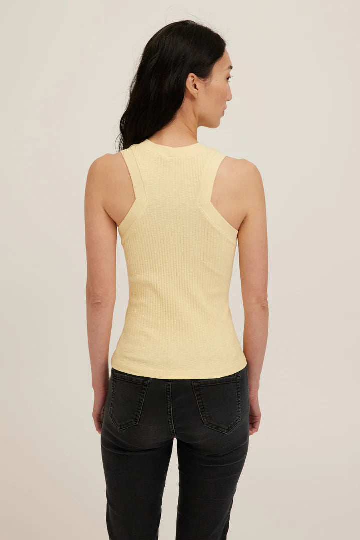 Butter Yellow racerback Rib Tank with a high crew neckline