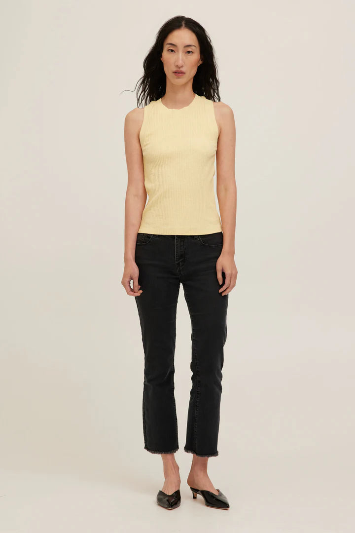 Butter Yellow racerback Rib Tank with a high crew neckline