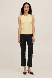 Butter Yellow racerback Rib Tank with a high crew neckline