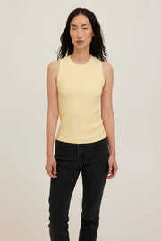 Butter Yellow racerback Rib Tank with a high crew neckline