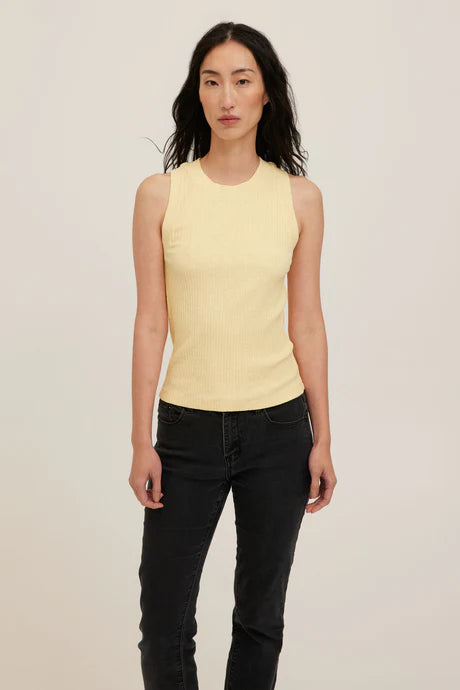 Butter Yellow racerback Rib Tank with a high crew neckline