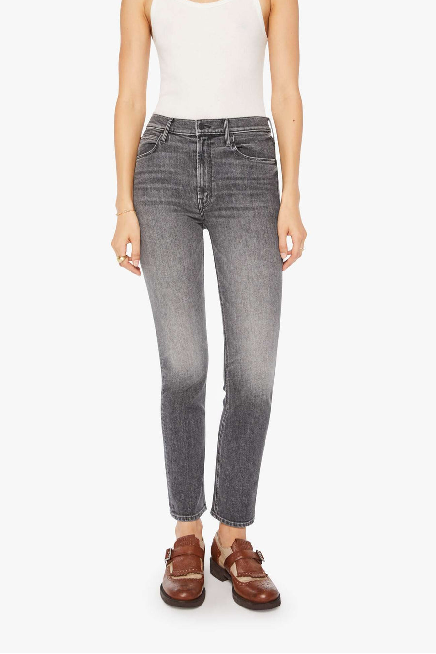 Front view of a person wearing gray high-rise, straight leg, and cropped ankle-length hem