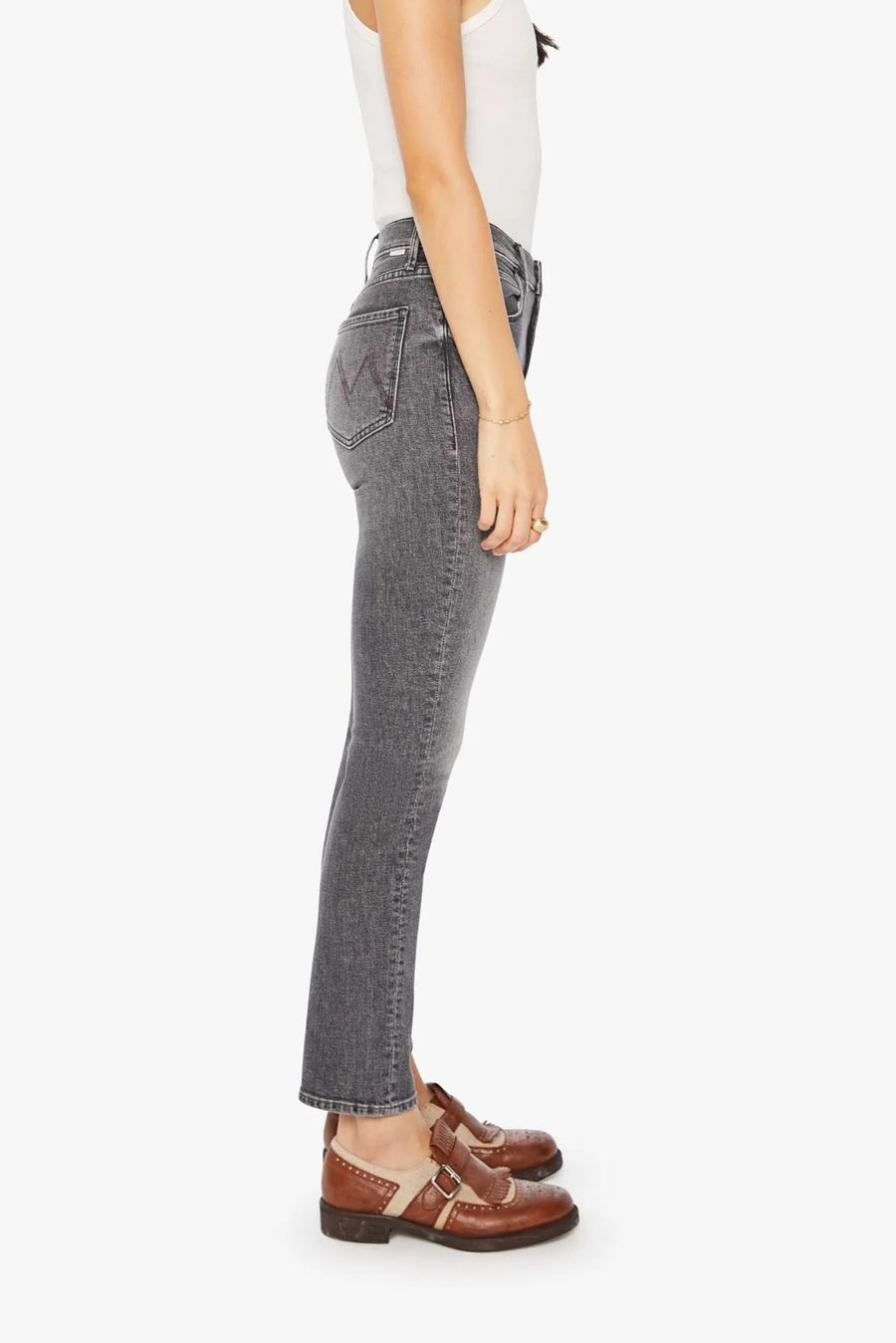 Side view of a person wearing gray high-rise, straight leg, and cropped ankle-length hem