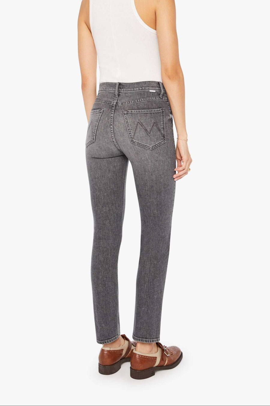 Back view of a person wearing gray high-rise, straight leg, and cropped ankle-length hem