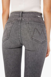 Back zoom in view of a person wearing gray high-rise, straight leg, and cropped ankle-length hem