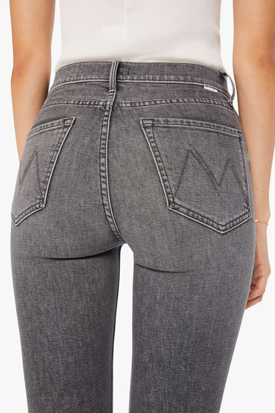 Back zoom in view of a person wearing gray high-rise, straight leg, and cropped ankle-length hem