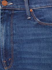 Close-up of blue denim jeans with stitching details