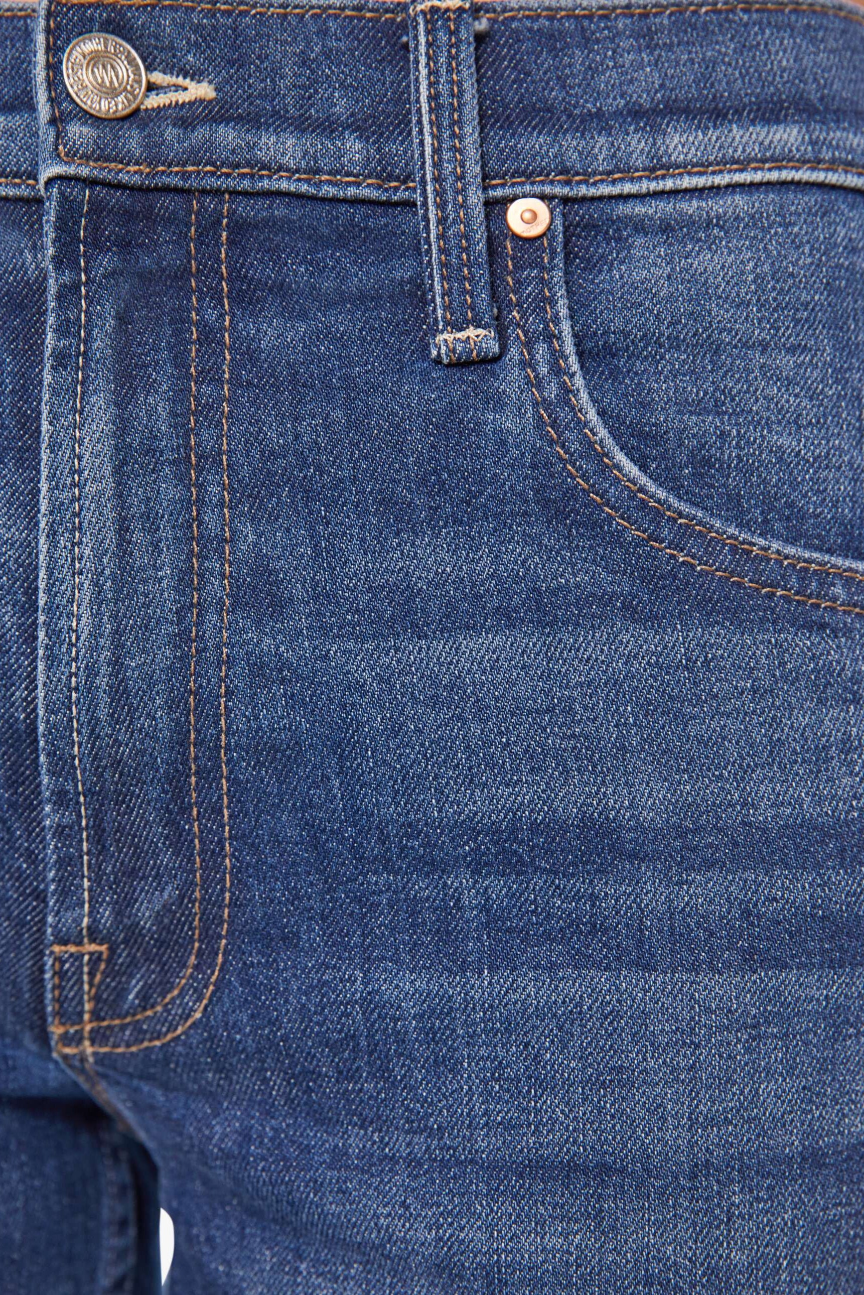 Close-up of blue denim jeans with stitching details