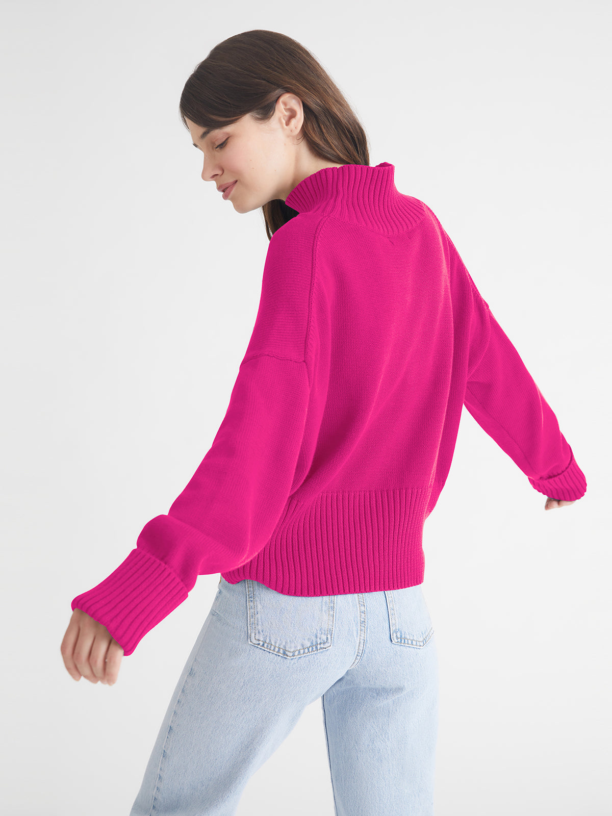 525 America Blair Cotton Mock Neck Sweater in Fuchsia