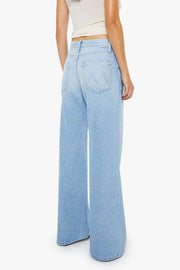 back view of woman wearing light blue washed wide leg denim