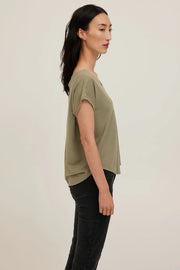 Sage green jersey tee with a wide scoop neckline
