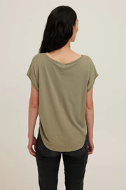 Sage green jersey tee with a wide scoop neckline