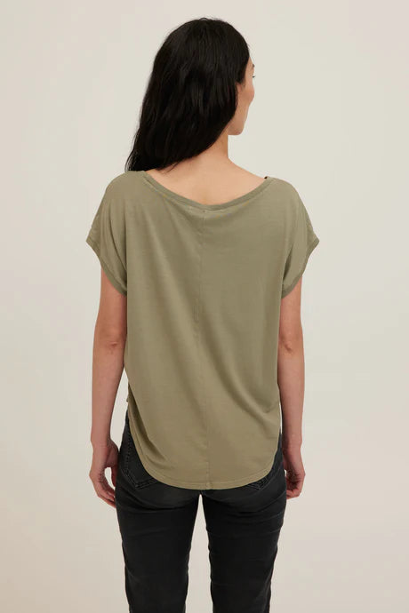 Sage green jersey tee with a wide scoop neckline