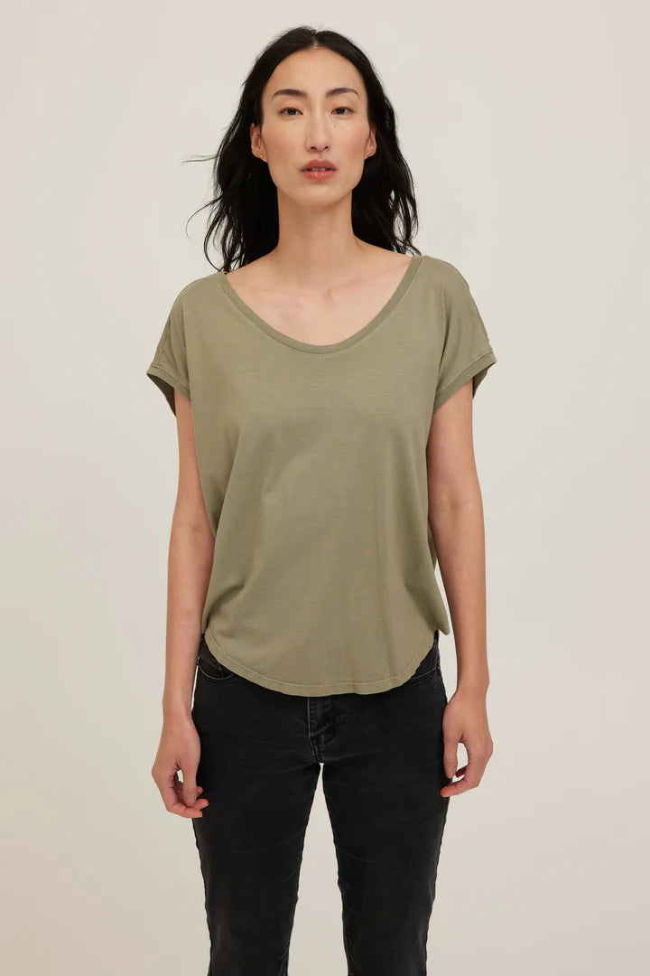 Sage green jersey tee with a wide scoop neckline