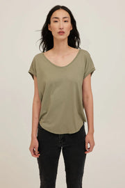 Sage green jersey tee with a wide scoop neckline